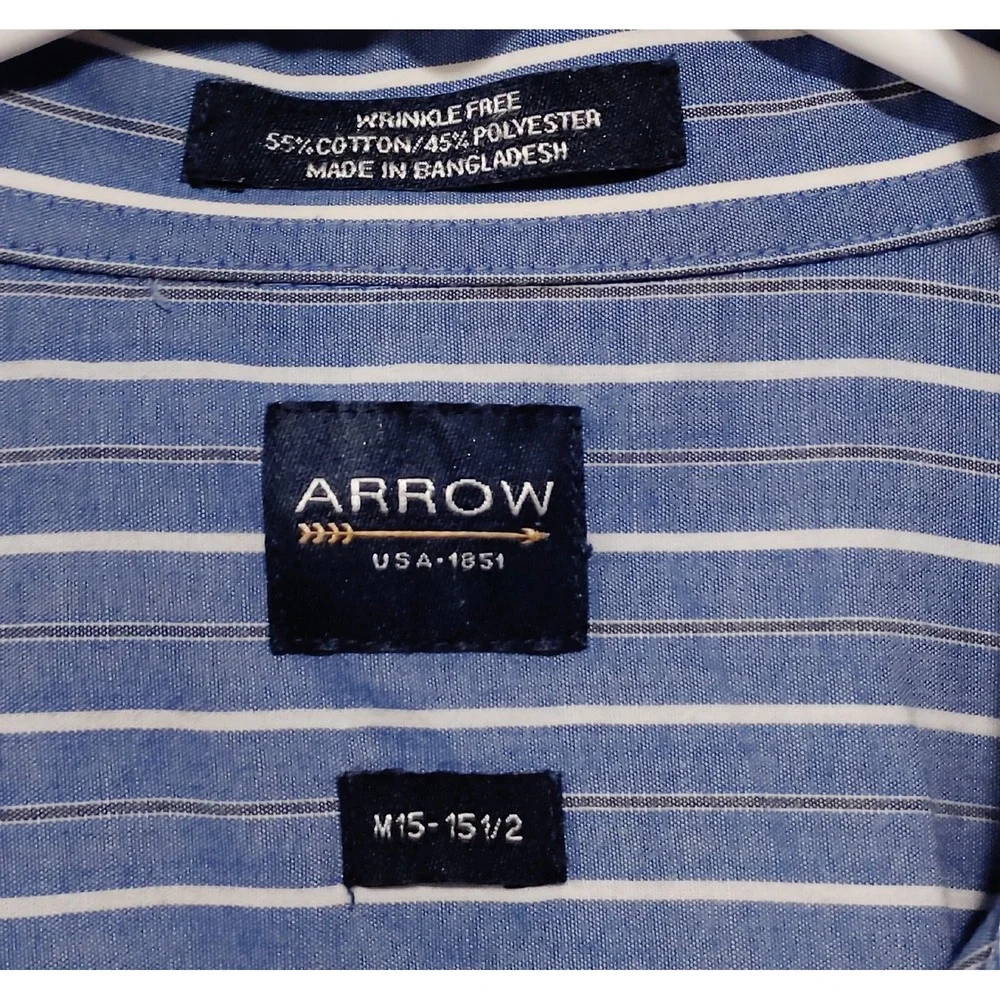 Arrow Mens Blue White Striped Short Sleeve Button Down Shirt Wrinkle Free M 15.5
